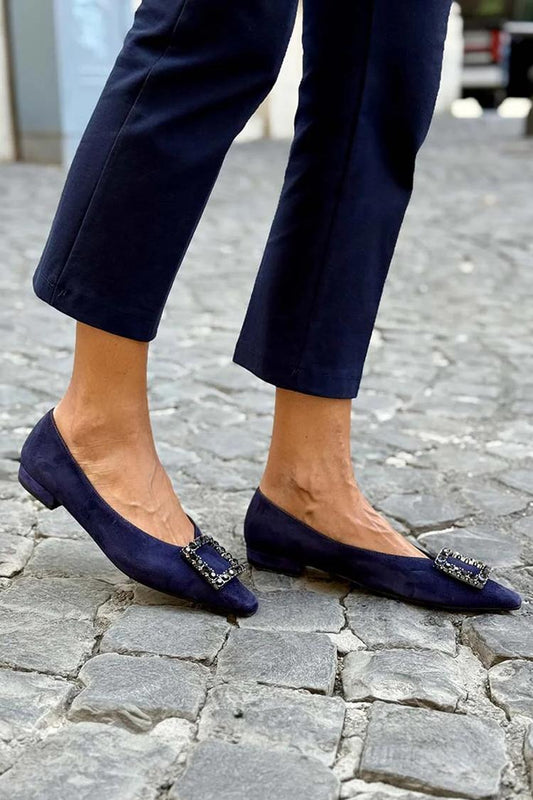 Ballerine casual blu navy con punta a punta e decorazioni quadrate in strass [Pre-ordine] 