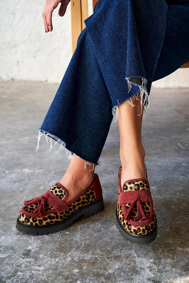 Farbblock-Quasten-Dekor, Leopardenmuster, Khaki-Loafer [Pre Order]