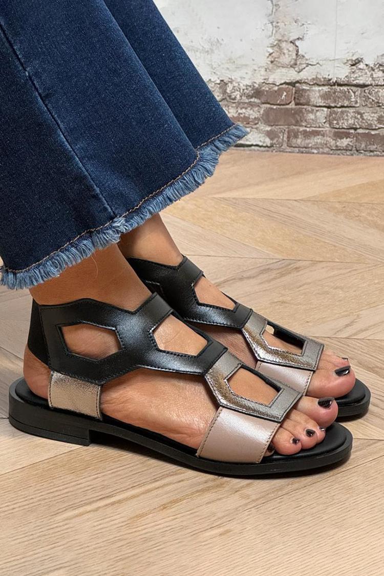 Geometrische Cut-Out Colorblock Runder Zeh Schwarze Sandalen [Vorbestellung]