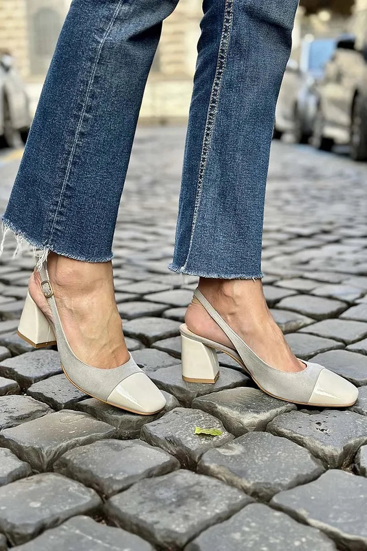 Scarpe con tacco spesso grigio patchwork con cinturino posteriore e punta quadrata [Pre-ordine]