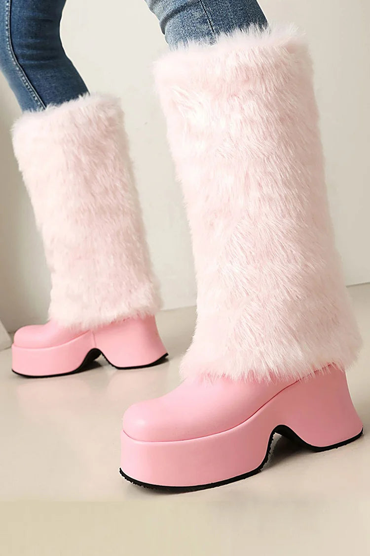 Faux Fur Trim Round Toe Chunky Heel Platform Long Boots