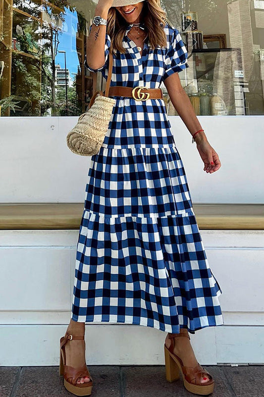 Vestido ajustado todo fósforo con cuello en V y cuadros azules 