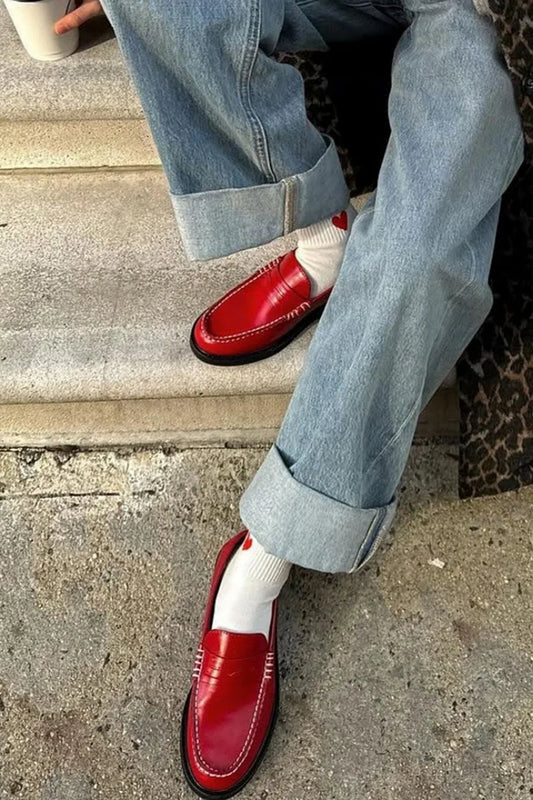 Stitch Detail Round Toe Casual Red Loafers [Pre Order]