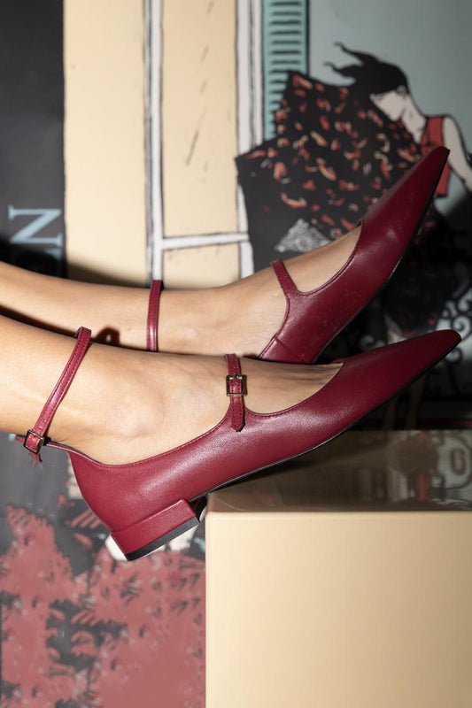 Solid Color Ankle Strap Buckle Pointed Toe Burgundy Flats [Pre Order]
