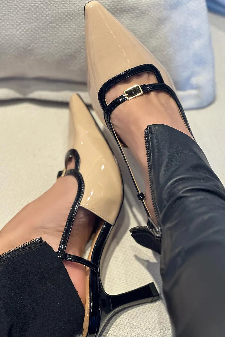 Scarpe con tacco a spillo beige con punta affilata e ritagli color block [Pre-ordine]