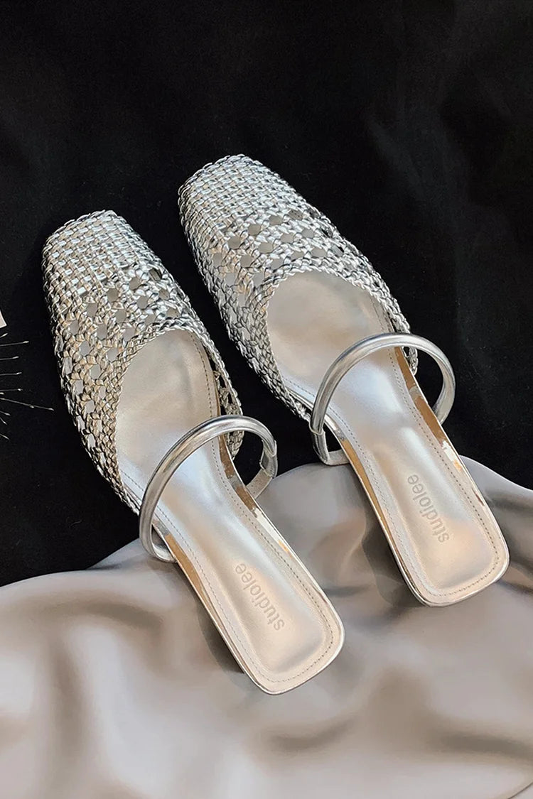 Häkeln Gewebt Hohl Niedriger Spann Riemen Quadratische Zehe Absatz Aus Mules