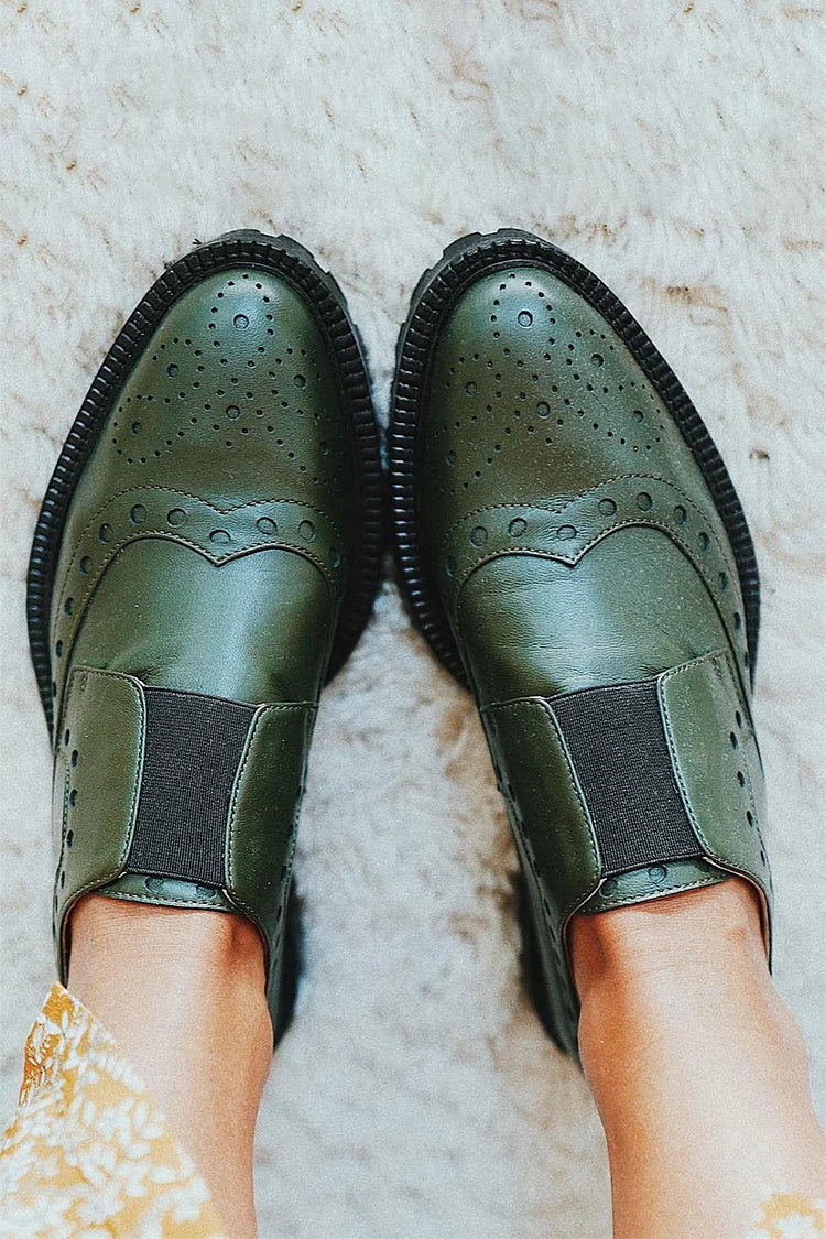 Patchwork Round Toe Casual Dark Green Brogue Oxfords [Pre Order]