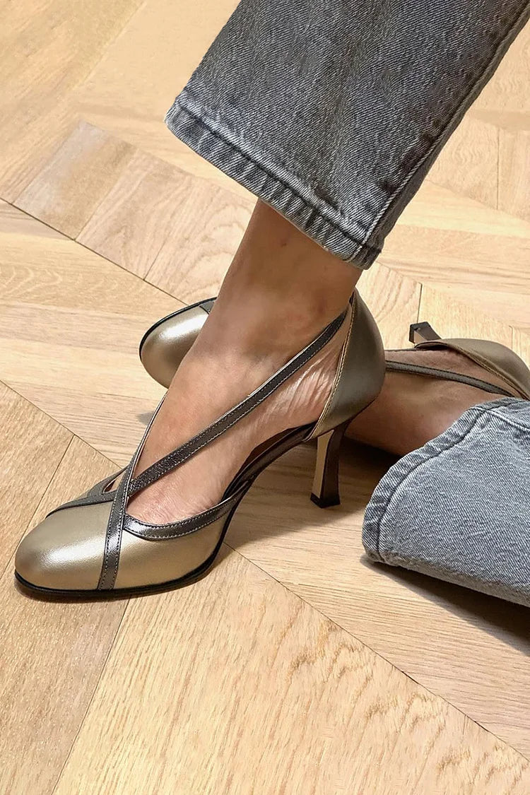 Scarpe con tacco a spillo color champagne con cinturino incrociato patchwork [Pre-ordine]