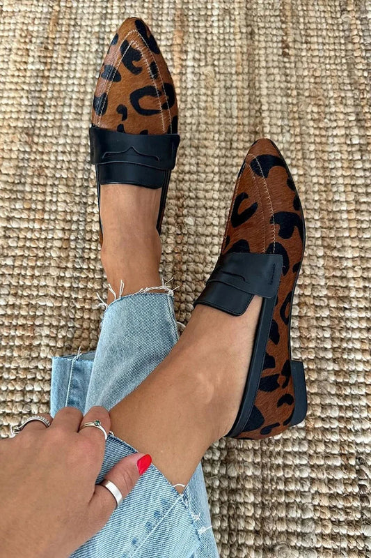 Gedruckte Leoparden-Patchwork Dunkle Spitze Braune Loafers [Vorbestellung]