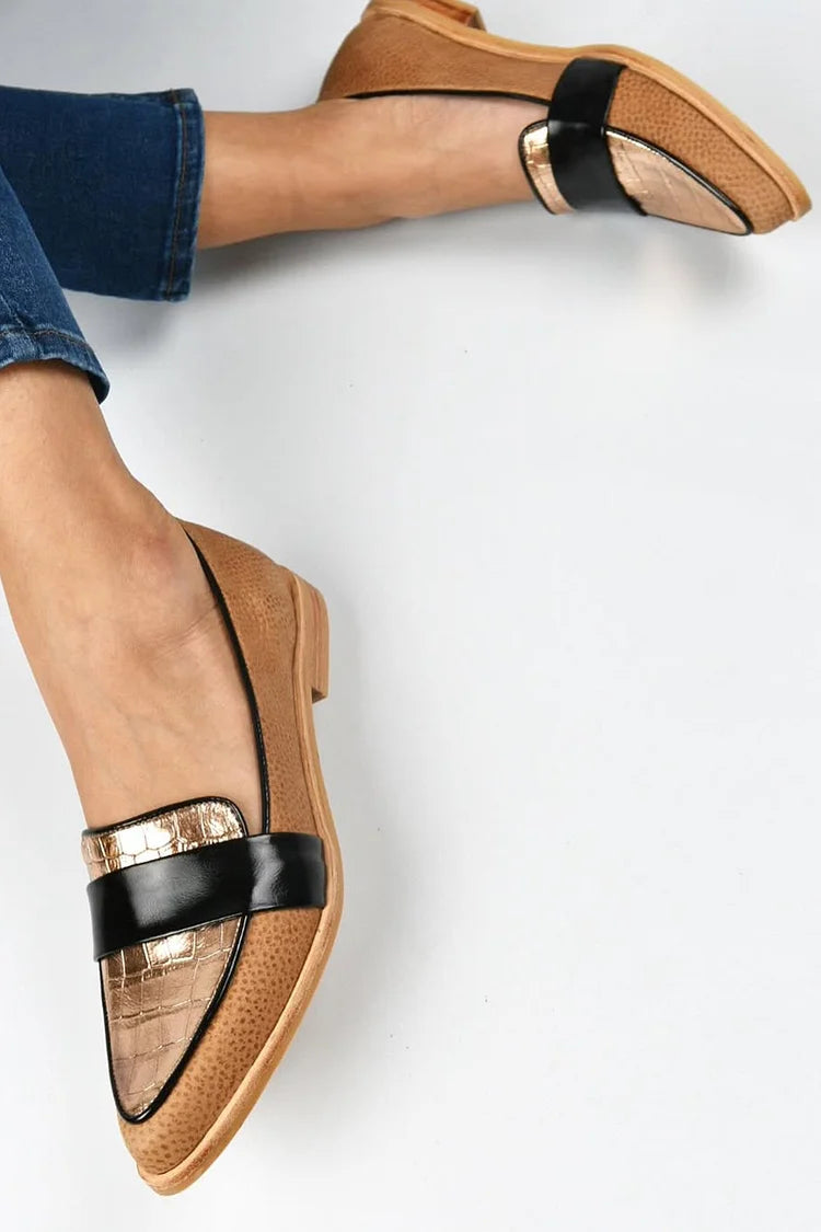 Crocodile Print Patchwork Pointed Toe Brown Loafers [Pre Order]