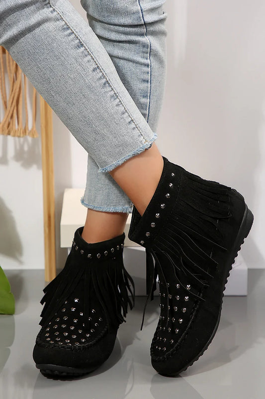 Metal Rivets Round Toe Fringed Trim Zipper Ankle Boots