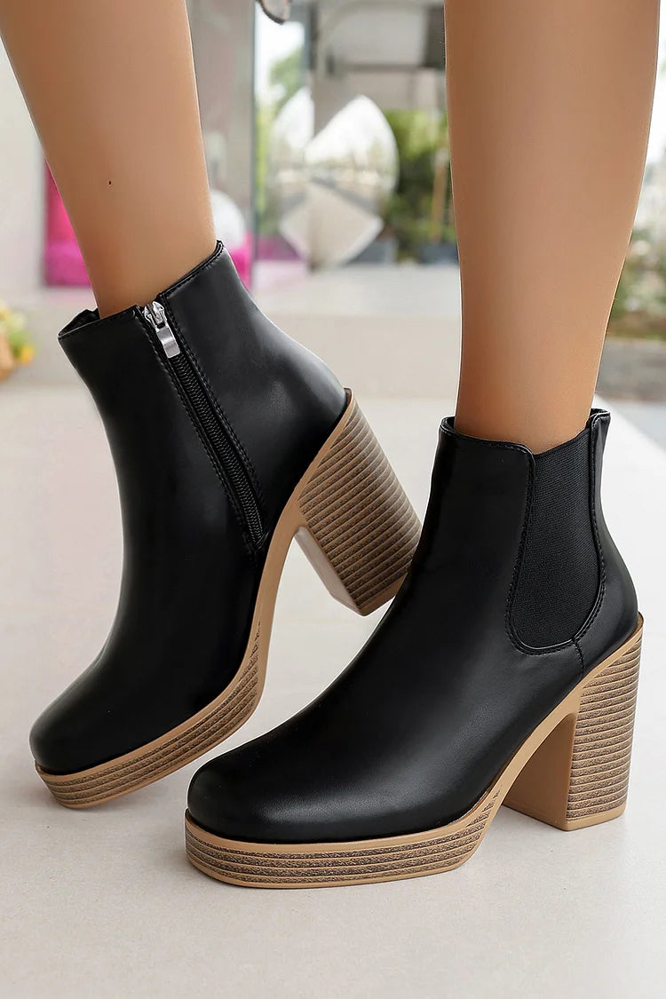 Zipper Patchwork Round Toe Chunky Heel Ankle Boots