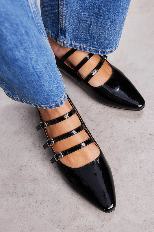 Multi Straps Buckles Solid Color Pointed Toe Black Flats [Pre Order]