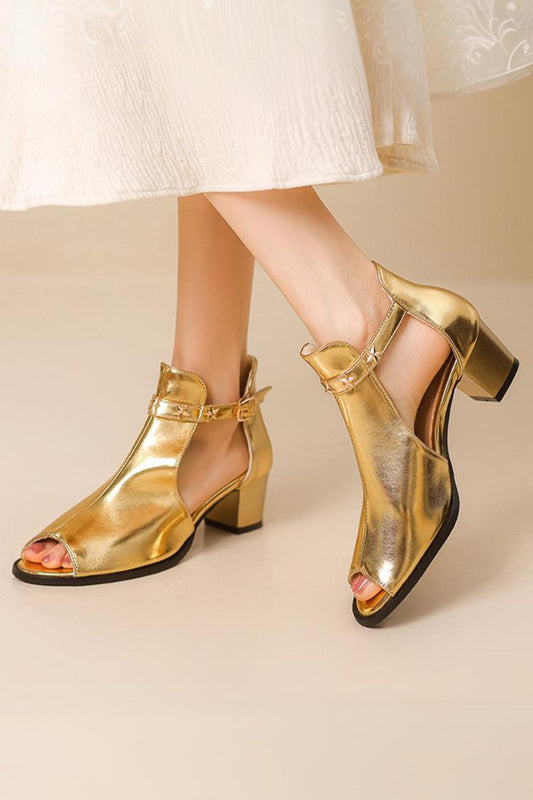 Stars Decor Ankle Strap Buckle Metallic Sheen Peep Toe Chunky Heels