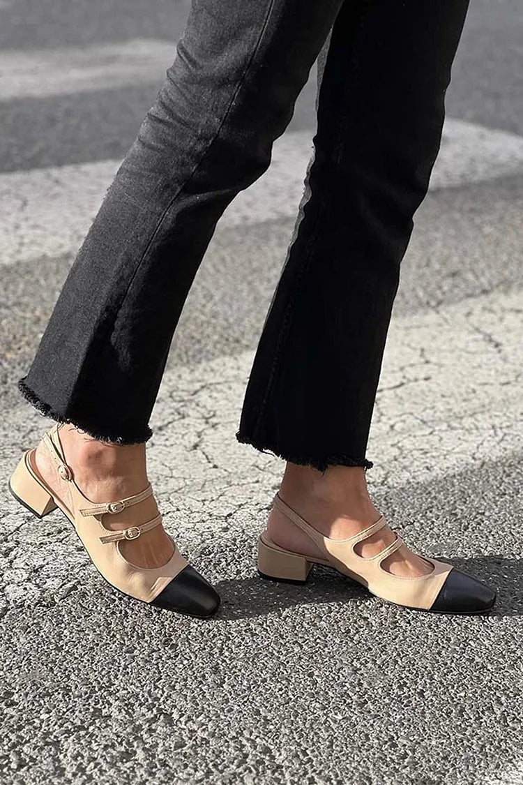 Farbblock Slingback Riemen Schnallen Khaki Chunky Absätze [Vorbestellung]