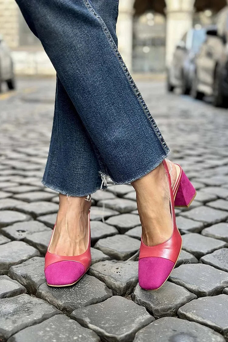 Tacco spesso fucsia con cinturino posteriore patchwork e punta quadrata [Pre-ordine]