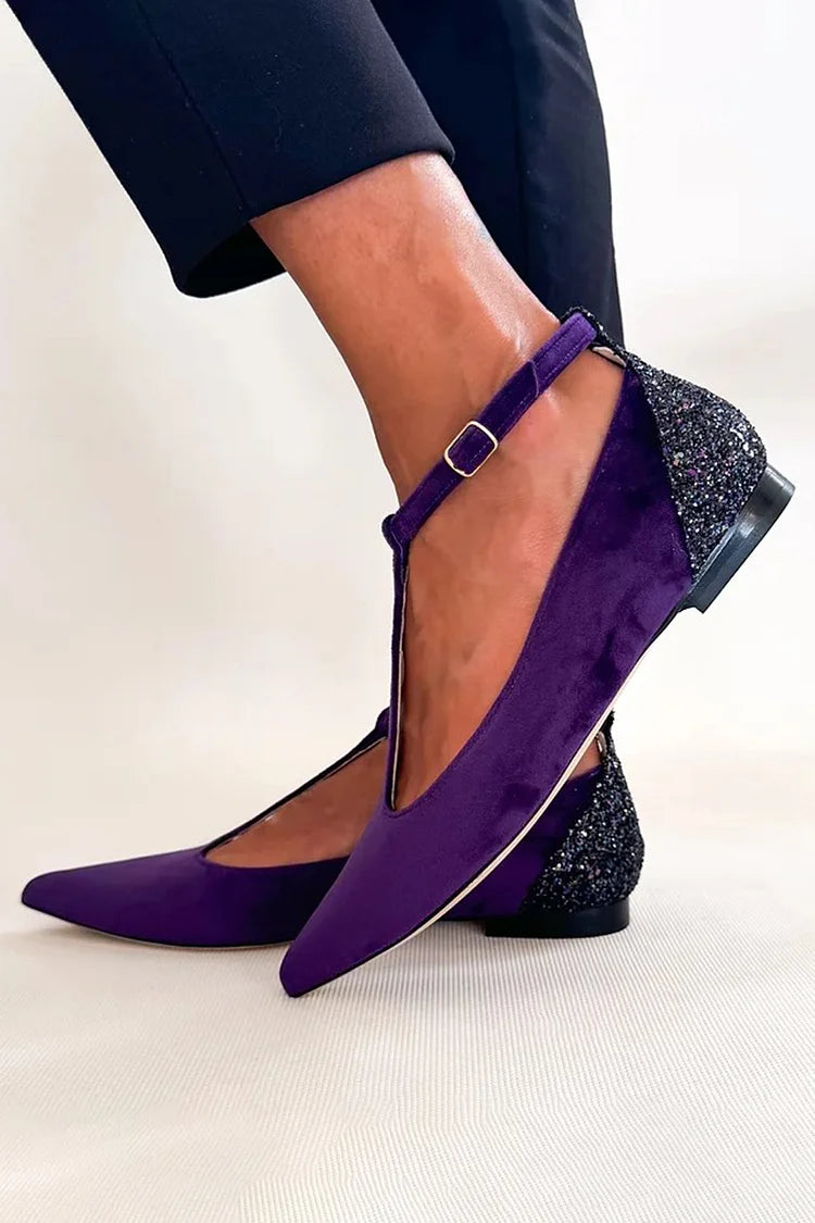 T-Strap Buckle Glitter Patchwork Pointed Toe Purple Flats [Pre Order]