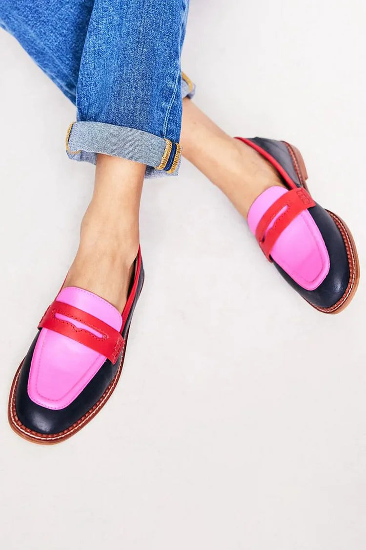 Colorblock Round Toe Casual Slip On Black Loafers