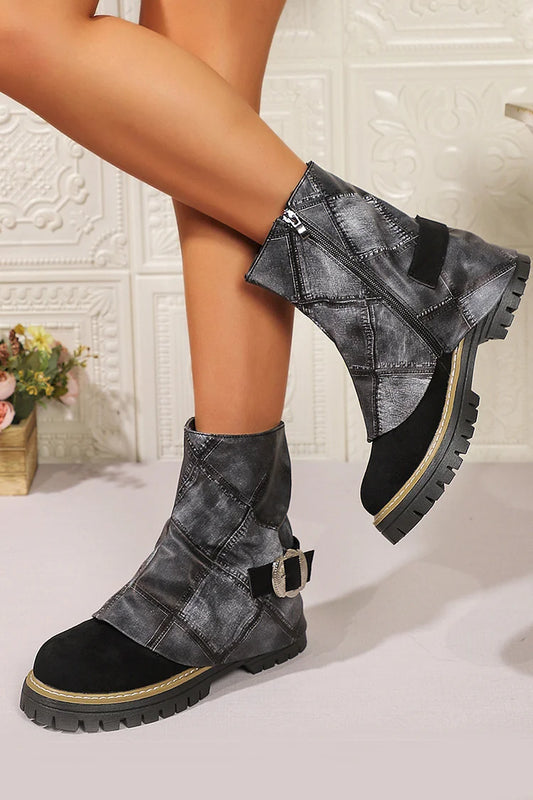 Plaid Print Fold Over Strap Buckle Decor Zipper Round Toe Mid Boots