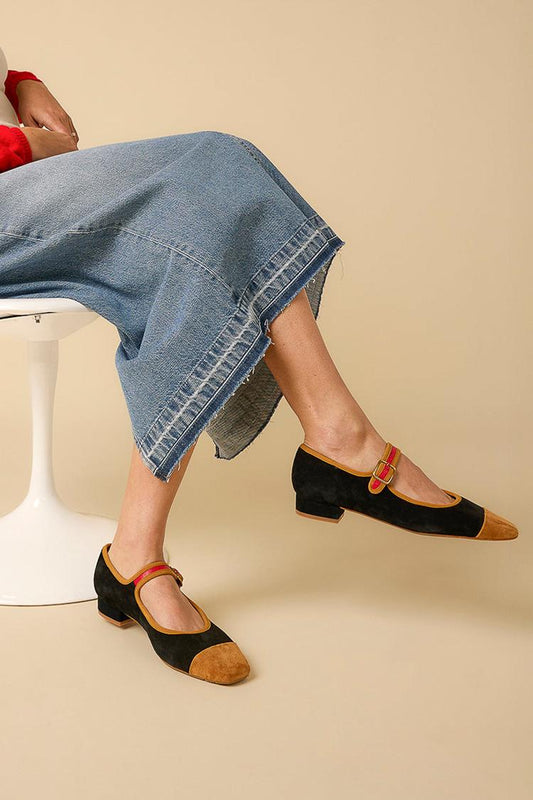 Instep Strap Buckle Colorblock Square Toe Black Low Heels [Pre Order]