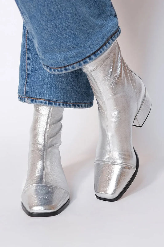 Metallic Sheen Square Toe Low Block Heel Silver Ankle Boots