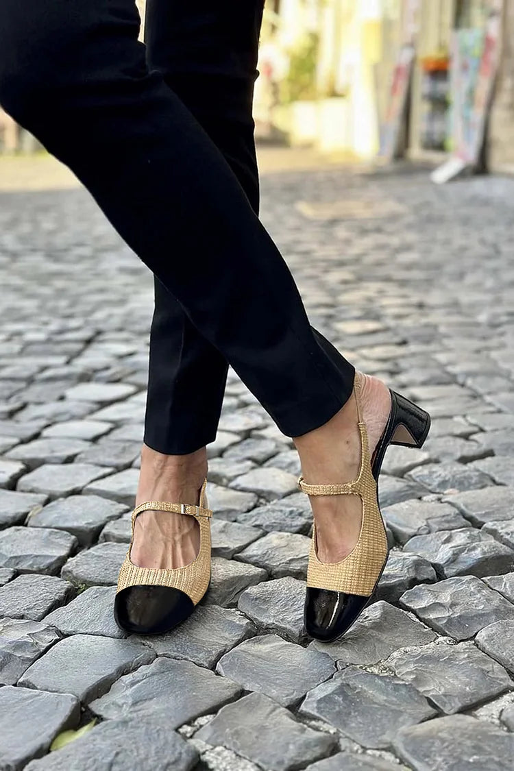 Instep Strap Buckle Slingback Colorblock Khaki Chunky Heels [Pre Order]