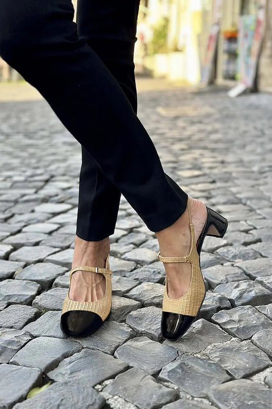 Cinturino sul collo del piede con fibbia e cinturino posteriore color block color cachi con tacco spesso [Pre-ordine]