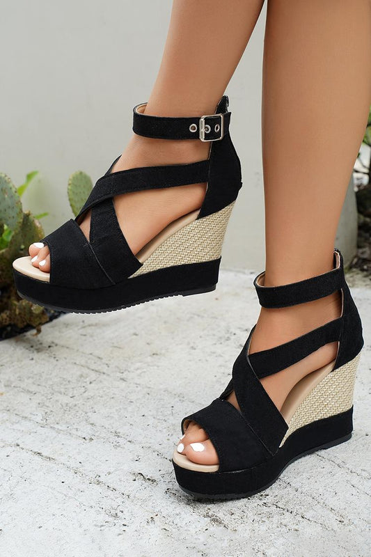 Sandalias de cuña informales con punta abierta y hebilla en el tobillo y bloques de color 