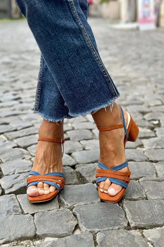 Scarpe con tacco grosso marroni con cinturino alla caviglia colorblock e fibbia, punta quadrata [Pre-ordine] 