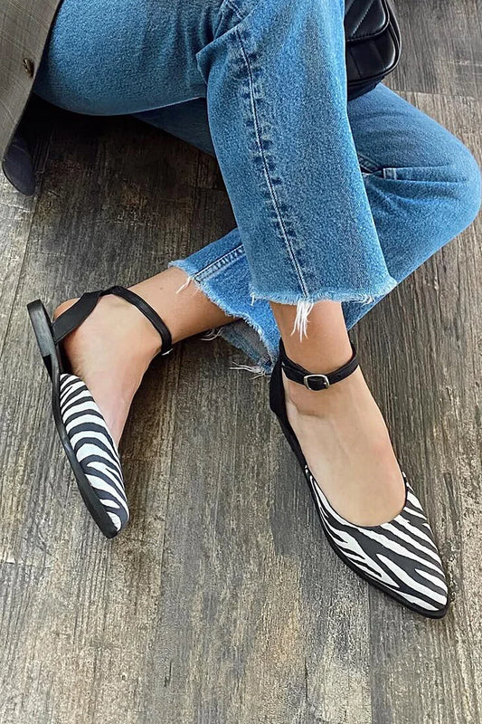 Zebra Print Ankle Strap Buckle Pointed Toe Black Flats [Pre Order]