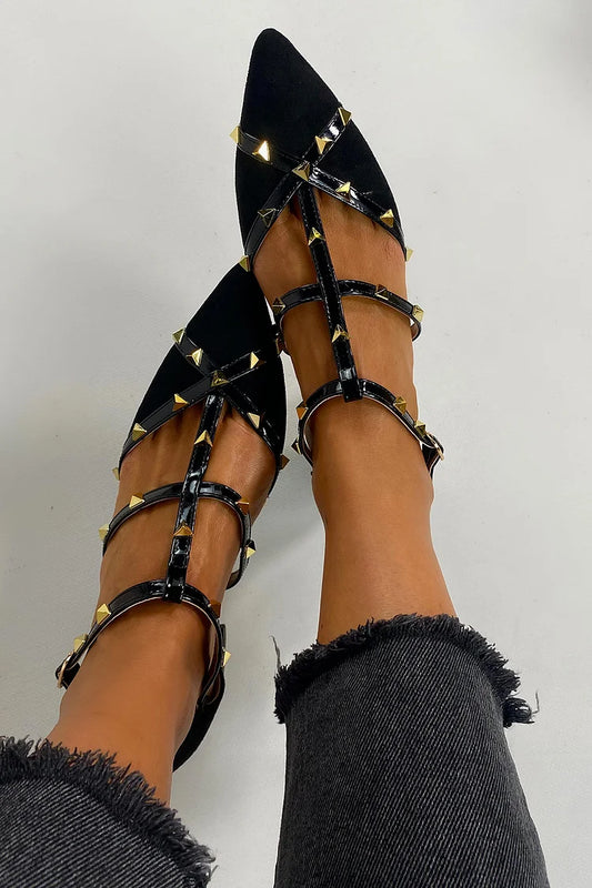 Metallnieten Dekor Kreuzriemen Spitzzehen Schwarze Ballerinas [Vorbestellung]
