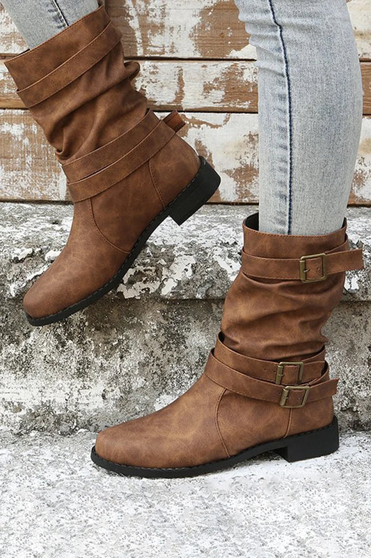 Einfarbige mittelhohe Stiefel mit mehreren Riemen und Schnallen im Patchwork-Stil und runder Zehenpartie