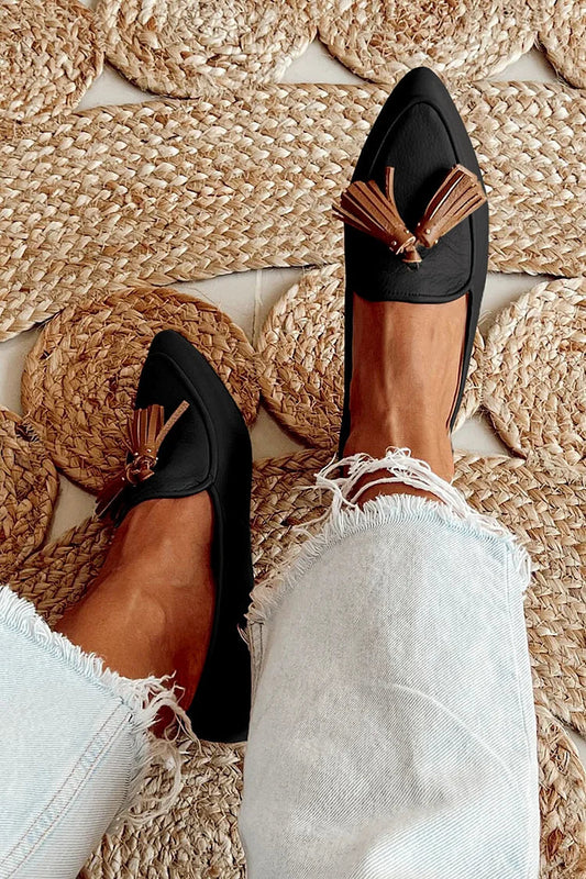 Pointed Toe Colorblock Tassel Decor Black Loafers