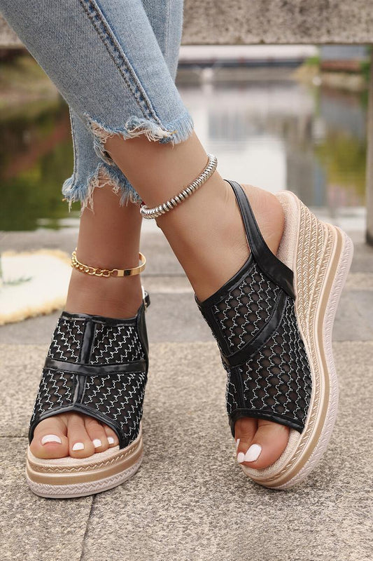 Zeppe casual in rete con cinturino alla caviglia con fibbia e punta aperta patchwork