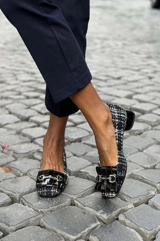 Tweed Buckle Detail Round Toe Low Heel Flats [Pre Order]