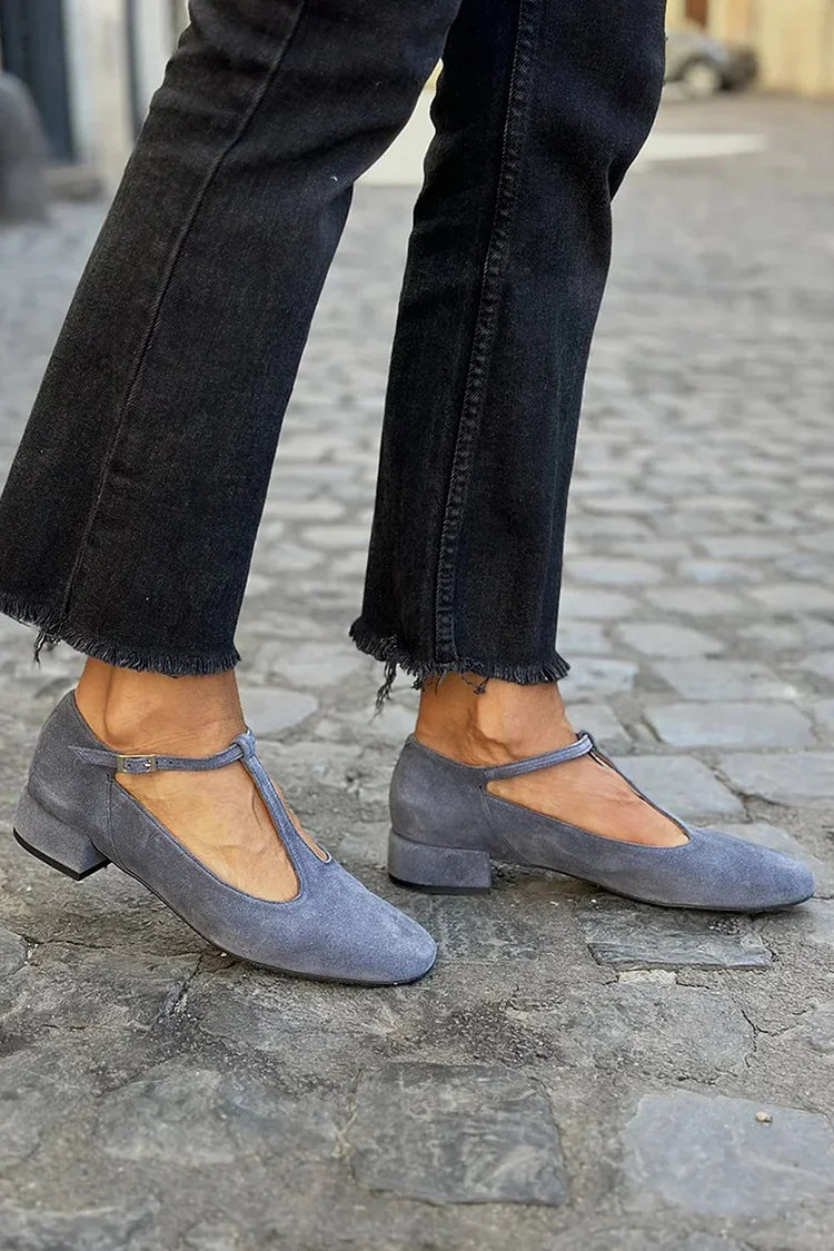 Solid Color T-Strap Buckle Round Toe Navy Low Heels [Pre Order]