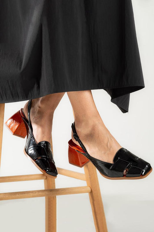 Kwadratowy nosek ażurowe plecione sandały na obcasie na słupku czarne [Przedsprzedaż]