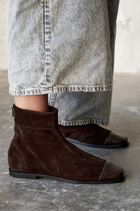 Square Toe Patchwork Zipper Dark Brown Ankle Boots [Pre Order]