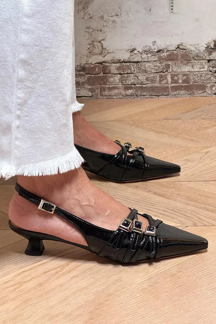 Scarpe con tacco a gattino nere, con cinturino multiplo, fibbie e punta affilata [Pre-ordine]