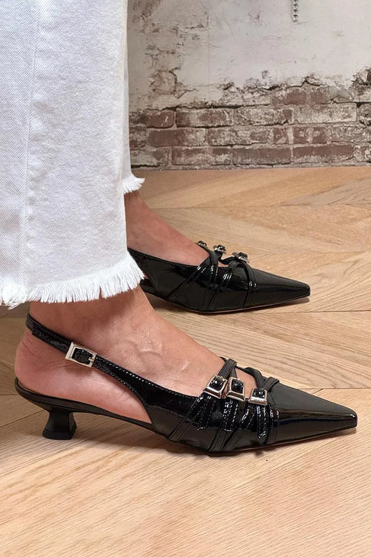 Scarpe con tacco a gattino nere, con cinturino multiplo, fibbie e punta affilata [Pre-ordine]