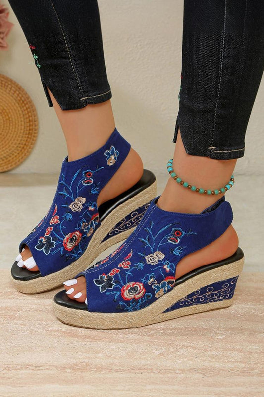 Sandali con zeppa casual con punta aperta e cinturino posteriore, motivo floreale 