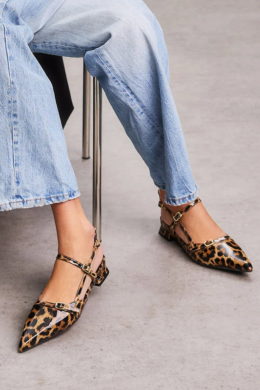 Pointed Toe Irregular Strap Buckle Leopard Print Flats [Pre Order]