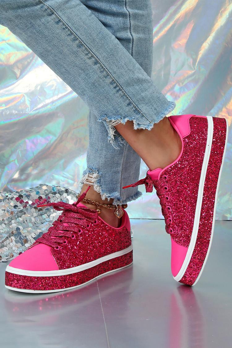 Patchwork Glittering Round Toe Lace Up Casual Sneakers