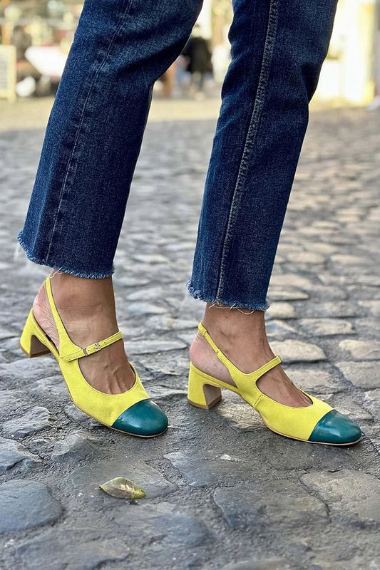 Sandali con tacco e fibbia con cinturino sul collo del piede colorblock gialli [Pre-ordine]