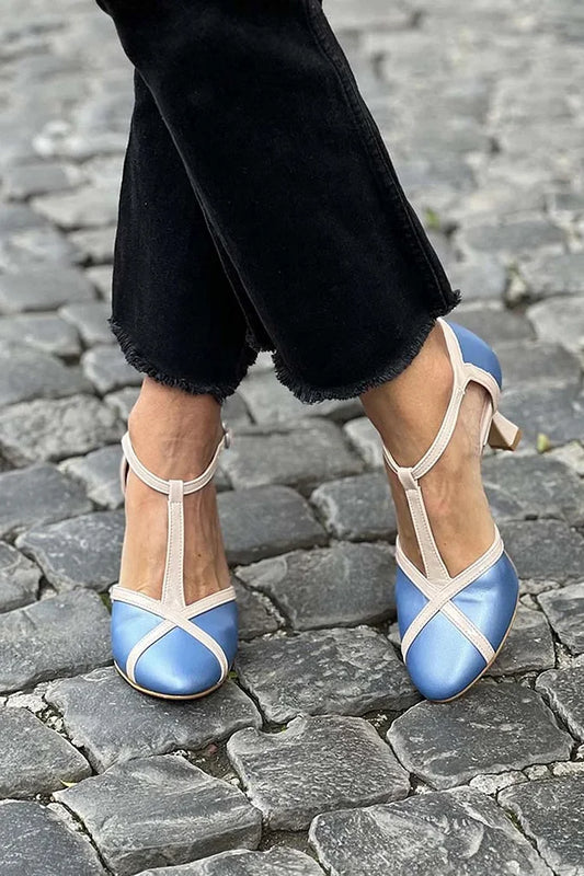 T-Strap Buckle Colorblock Patchwork Blue Kitten Heels [Pre Order]