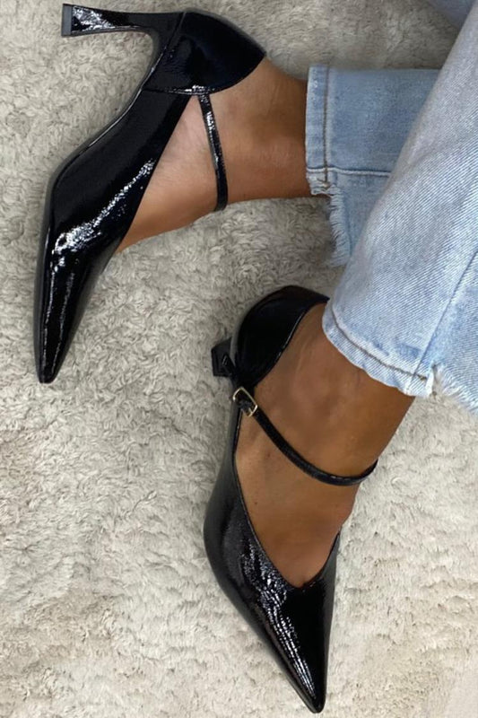 Scarpe con tacco a spillo nere in vernice con cinturino alla caviglia e punta affilata [Pre-ordine]