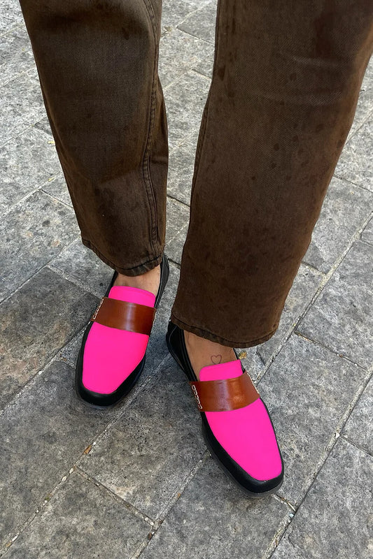 Mokasyny w kolorowe łatki z kwadratowym noskiem w kolorze fuksji [Przedsprzedaż]