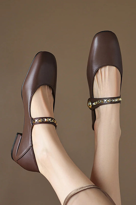 Metal Rivets Decor Instep Strap Buckle Square Toe Flats