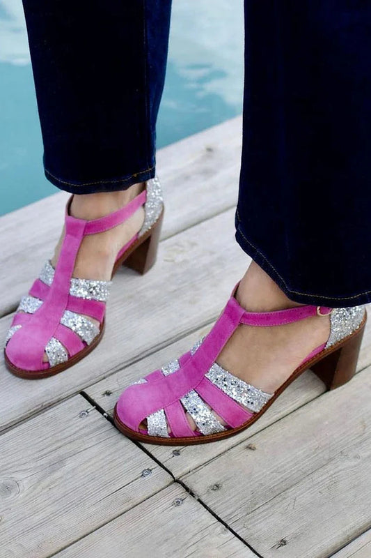 Sandálias de salto grosso fúcsia com tira em T, fivela e brilho em blocos de cor Splendid [Pré-encomenda]