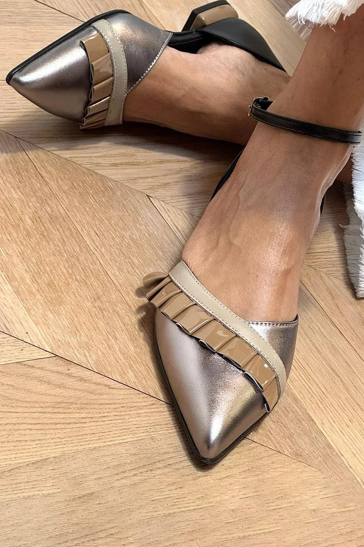 Scarpe con tacco basso color argento, plissettate, con cinturino alla caviglia e fibbia, punta affilata [Pre-ordine]